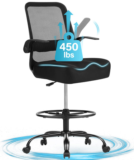 JONPONY 450LBS Office Drafting Chair, Executive Rolling Swivel Chair with Adjustable Foot Ring and Flip-Up Arms, Comfy Extra Deep W-Shape Thicken Cushion, Breathable Mesh Standing Desk Chair, Black