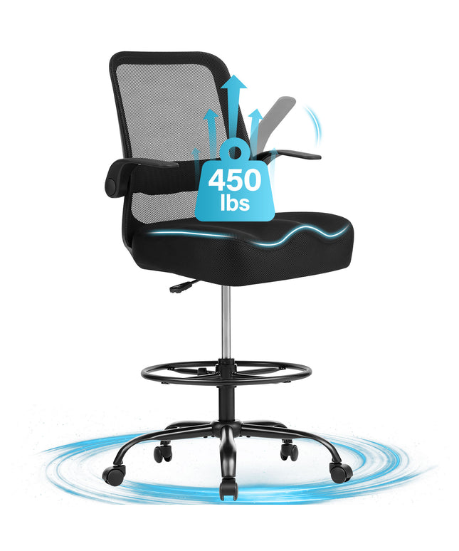 JONPONY 450LBS Office Drafting Chair, Executive Rolling Swivel Chair with Adjustable Foot Ring and Flip-Up Arms, Comfy Extra Deep W-Shape Thicken Cushion, Breathable Mesh Standing Desk Chair, Black