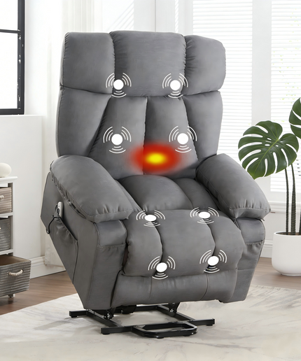 JONPONY Power Lift Recliner Chair with Heat and Massage, Lay Flat Assist Recliner with Side Pocket, USB Charge Port for Living Room，Grey