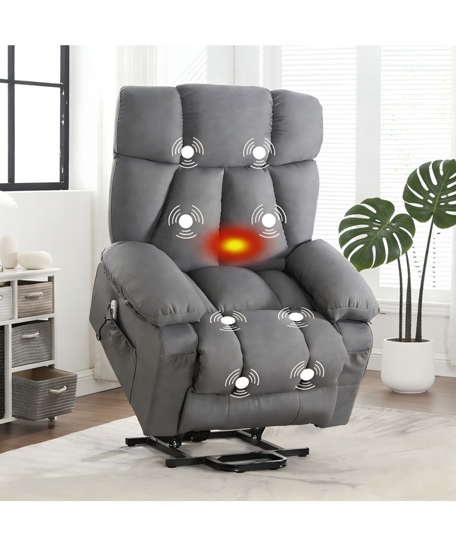 JONPONY Power Lift Recliner Chair with Heat and Massage, Lay Flat Assist Recliner with Side Pocket, USB Charge Port for Living Room，Grey