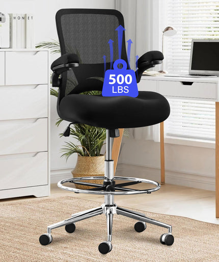 JONPONY 500lbs Tall Drafting Chair for Standing Desk with Flip-up Armrests, Pressure Locking Casters, W-Shape Thicken Cushion, Breathable Mesh Extended Height Office Chairs,Black