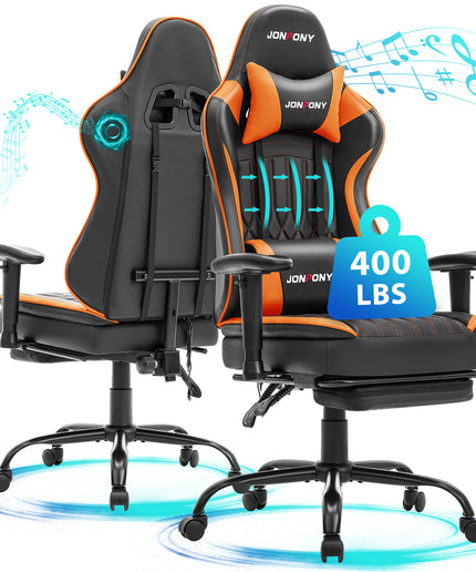 JONPONY Big and Tall 400lbs Gaming Chair with Bluetooth Speakers, Gamer Chair with Footrest and Lumbar Support & 360-Swivel Seat, Ergonomic Gamer Chair with Headrest, Red