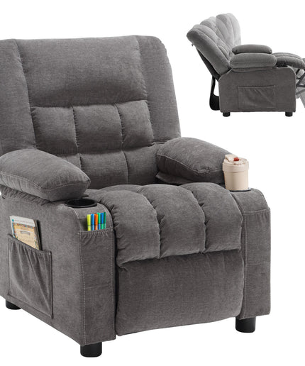 JONPONY Kids Recliner Chair,Push Back Toddler Recliner with Cup Holders & Side Pockets,Adjustable Footrest & Headrest Kids Sofa for Boys Girls 3+ Age Group, Grey