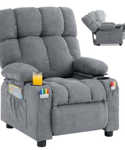 JONPONY Kids Recliner Chair, Push Back Toddler Recliner with Cup Holders & Side Pockets，Adjustable Footrest & Headrest Kids Sofa for Boys Girls 3+ Age Group, Children's Bedroom Furniture, Grey