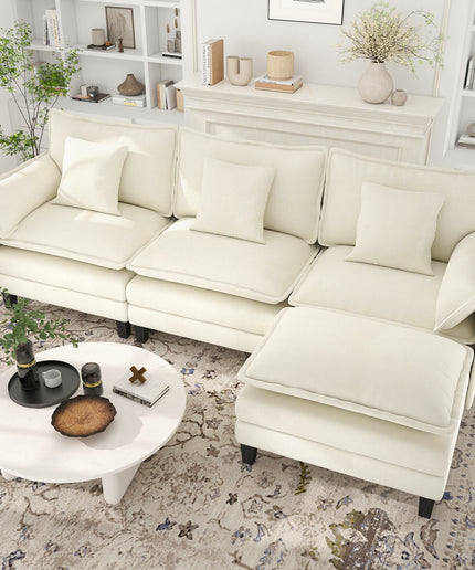 Jonpony Modular Sectional Sofa, Comfy Cloud Couch with Movable Ottoman, Deep Seat Couches for Living Room, Bedroom and Apartment, 106" U Shaped Modern Sofa with Pillows, Beige