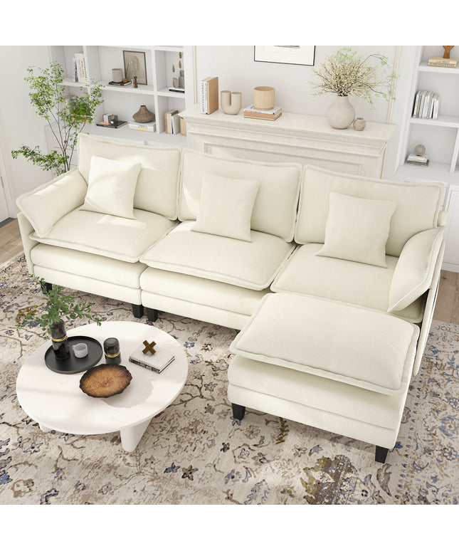 Jonpony Modular Sectional Sofa, Comfy Cloud Couch with Movable Ottoman, Deep Seat Couches for Living Room, Bedroom and Apartment, 106" U Shaped Modern Sofa with Pillows, Beige