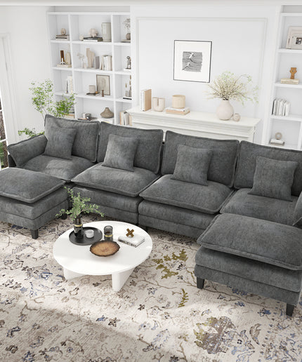 Jonpony Modular Sectional Sofa, Comfy Cloud Couch with Movable Ottoman, Deep Seat Couches for Living Room, Bedroom and Apartment, 106" U Shaped Modern Sofa with Pillows, Beige