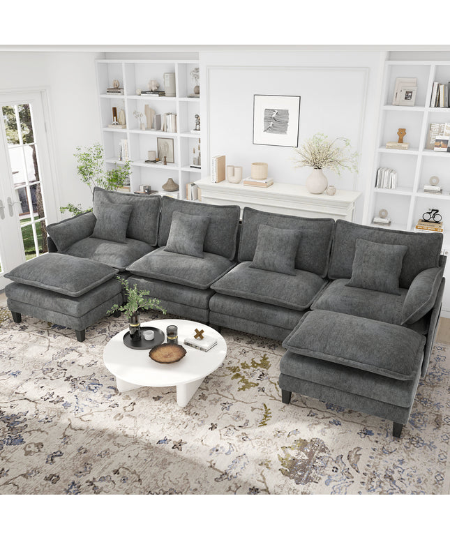 Jonpony Modular Sectional Sofa, Comfy Cloud Couch with Movable Ottoman, Deep Seat Couches for Living Room, Bedroom and Apartment, 106" U Shaped Modern Sofa with Pillows, Beige