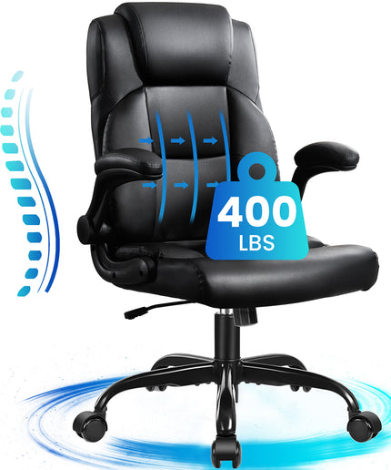 JONPONY Big and Tall Office Chair 400LBS Wide Seat Ergonomic Computer Desk Chair High Back Executive Leather Chair Adjustable Task Chair Lumbar Back Support 8 Hours Heavy Duty Design,9189,Black