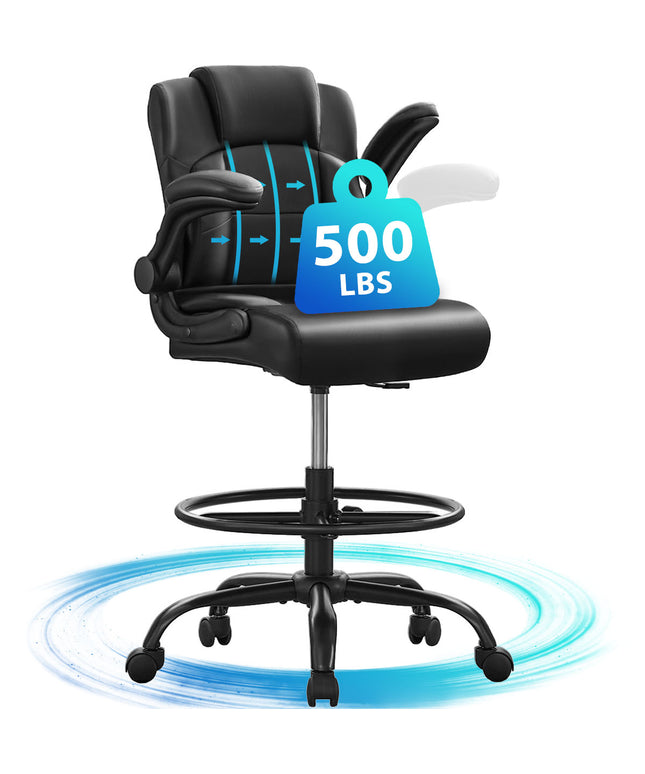 JONPONY 500 lbs Tall Office Chair with Flip-up Armrests for Standing Desk Executive Ergonomic Computer Leather Desk Chair with Lumbar Support, Adjustable Foot Ring for Home,Black