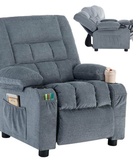 JONPONY Kids Recliner Chair,Push Back Toddler Recliner with Cup Holders & Side Pockets,Adjustable Footrest & Headrest Kids Sofa for Boys Girls 3+ Age Group, Grey