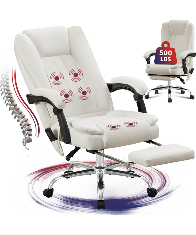 JONPONY Big and Tall Office Chair 500LBS Executive Office Chair Massage and Footrest Ergonomic Computer Desk Chair Reclining High Back Leather Office Chair Lumbar Back Support Swivel Rolling,Black