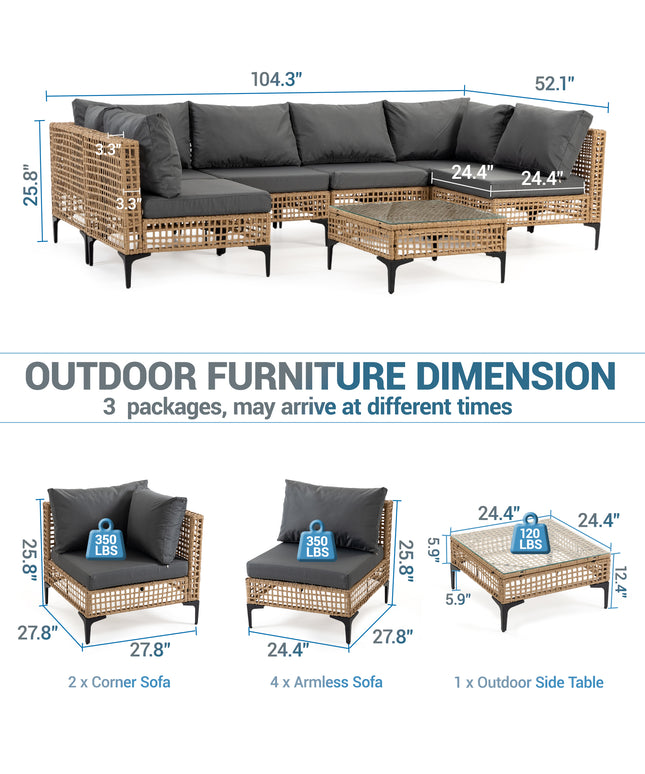 Jonpony 7-Piece Patio Furniture Set, Wicker Outdoor Conversation Set Sectional Sofa with Water Resistant Thick Cushions and Coffee Table