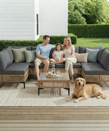 Jonpony 7-Piece Patio Furniture Set, Wicker Outdoor Conversation Set Sectional Sofa with Water Resistant Thick Cushions and Coffee Table