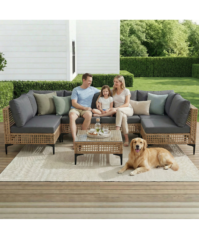 Jonpony 7-Piece Patio Furniture Set, Wicker Outdoor Conversation Set Sectional Sofa with Water Resistant Thick Cushions and Coffee Table