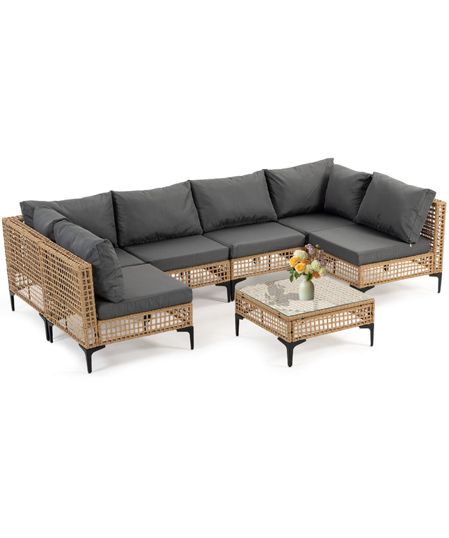 Jonpony 7-Piece Patio Furniture Set, Wicker Outdoor Conversation Set Sectional Sofa with Water Resistant Thick Cushions and Coffee Table