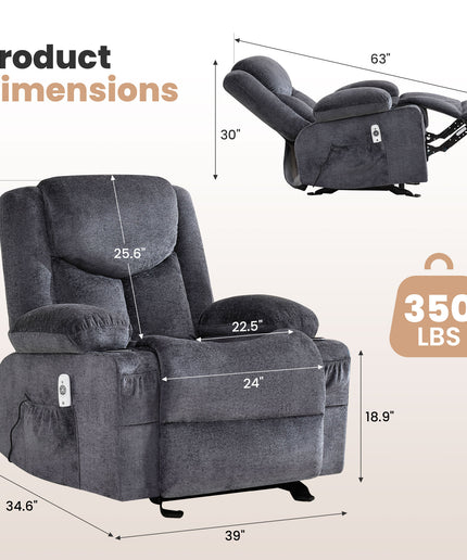 JONPONY Manual Recliner Chair with Heat Therapy and Massage Function, Heavy Duty Reclining Mechanism Massage Chair, Elderly Single Rocker Sofa with Cup Holders for Bedroom Home Theater,Grey