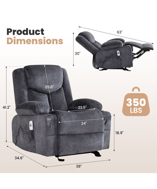 JONPONY Manual Recliner Chair with Heat Therapy and Massage Function, Heavy Duty Reclining Mechanism Massage Chair, Elderly Single Rocker Sofa with Cup Holders for Bedroom Home Theater,Grey