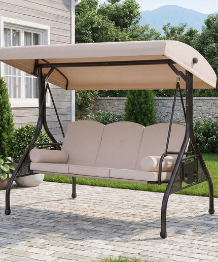 JONPONY 3-Seat Outdoor Patio Swing with Stand 800LBS, 2-in-1 Convertible Swing Bed, Adjustable Canopy Removable Cushion for Yard Garden Deck