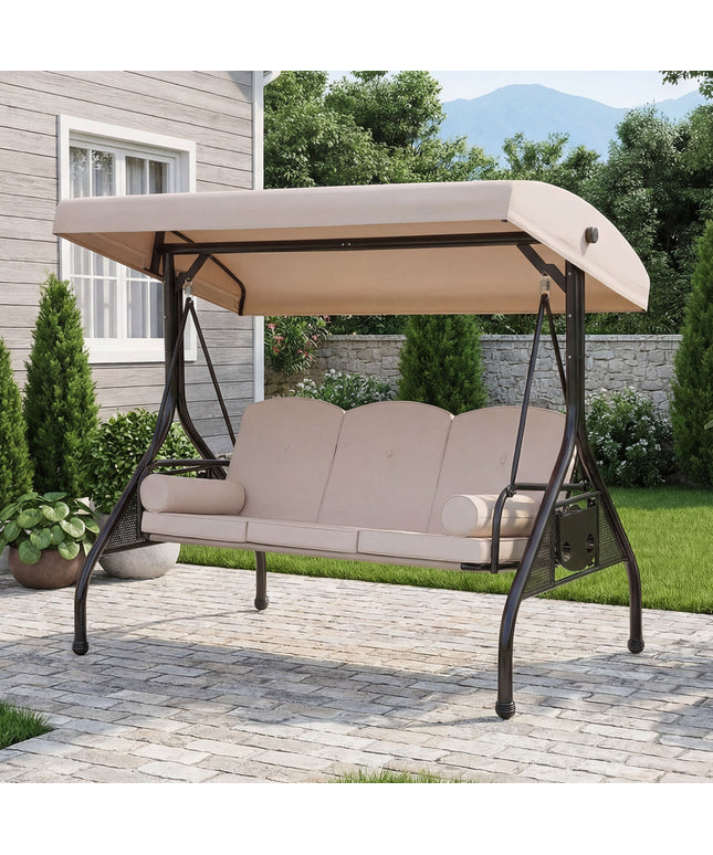 JONPONY 3-Seat Outdoor Patio Swing with Stand 800LBS, 2-in-1 Convertible Swing Bed, Adjustable Canopy Removable Cushion for Yard Garden Deck