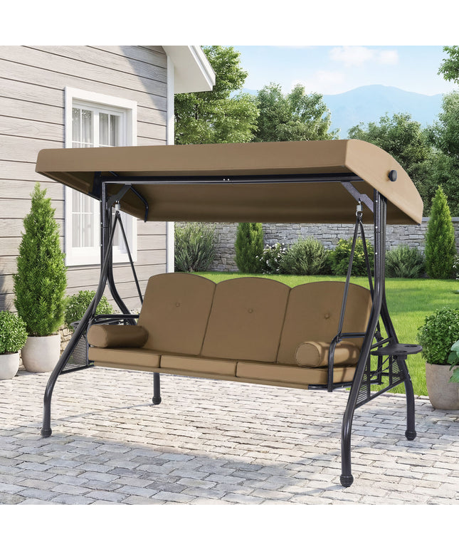 JONPONY 3-Seat Outdoor Patio Swing with Stand 800LBS, 2-in-1 Convertible Swing Bed, Adjustable Canopy Removable Cushion for Yard Garden Deck