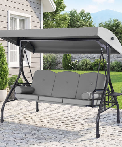 JONPONY 3-Seat Outdoor Patio Swing with Stand 800LBS, 2-in-1 Convertible Swing Bed, Adjustable Canopy Removable Cushion for Yard Garden Deck