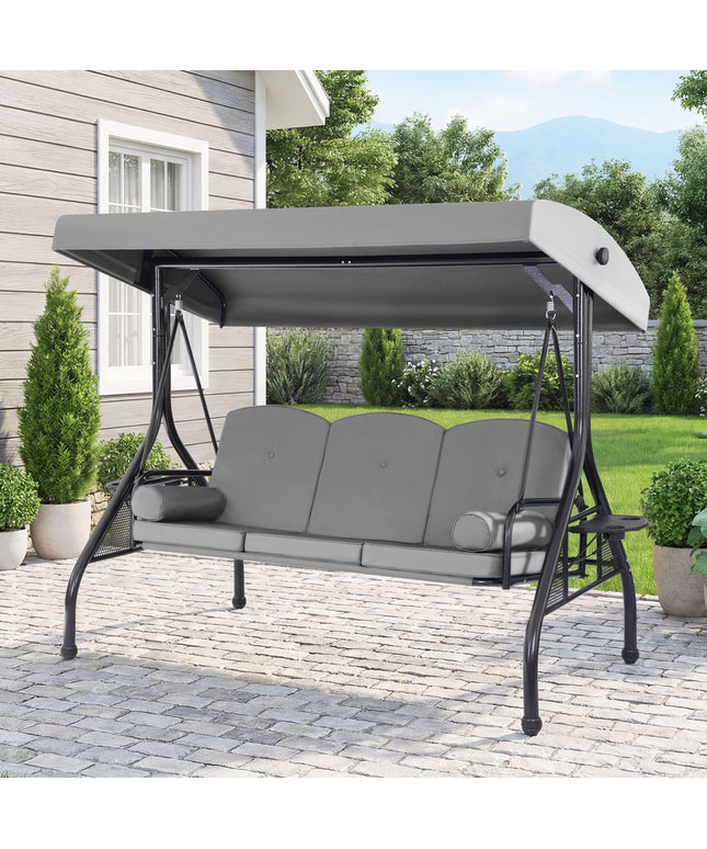 JONPONY 3-Seat Outdoor Patio Swing with Stand 800LBS, 2-in-1 Convertible Swing Bed, Adjustable Canopy Removable Cushion for Yard Garden Deck