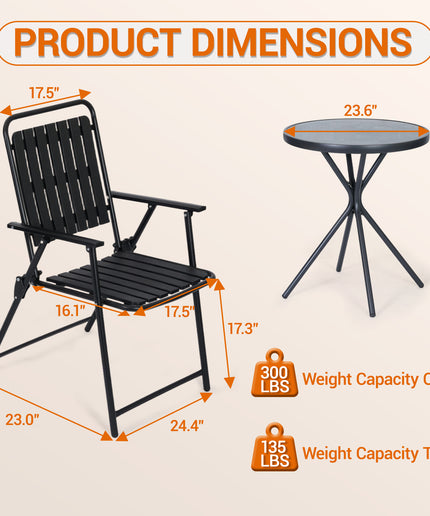 Jonpony 3 Pieces Patio Furniture Set, Bistro Table and Foldable Chairs, Waterproof Patio Furniture Folding Set, All-Weather outdoor table and chairs, Balcony Furniture for Porch, Yard, Garden, Black, Brown