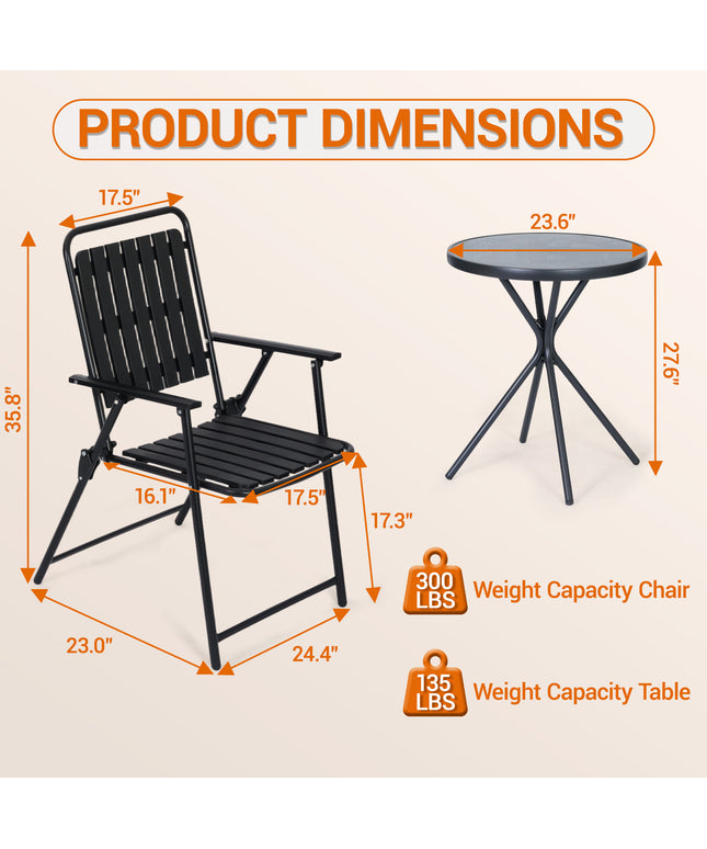 Jonpony 3 Pieces Patio Furniture Set, Bistro Table and Foldable Chairs, Waterproof Patio Furniture Folding Set, All-Weather outdoor table and chairs, Balcony Furniture for Porch, Yard, Garden, Black, Brown