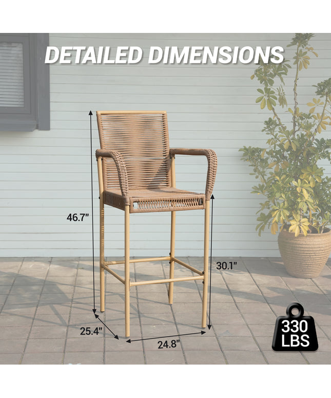 Jonpony Counter Height Bar Stool Set of 2, 30" Patio Rattan Bar Stool Chairs with Armrests, Outdoor Barstools for Porch Garden Indoor Kitchen, Yellow