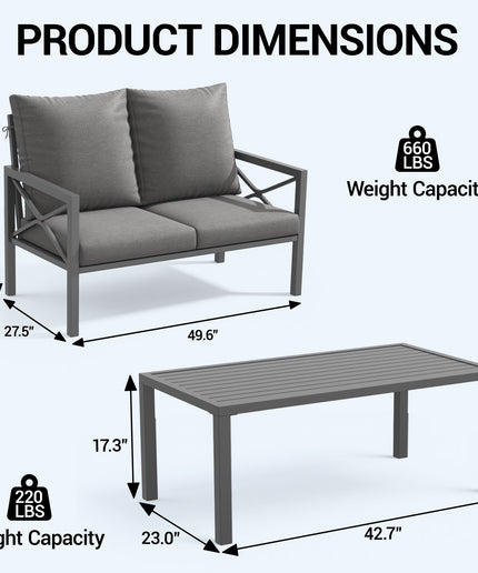 Jonpony 2-Piece All-Weather Metal Patio Furniture Set, Cushioned Loveseat 2 Seats Sofa Bench w/Coffee Table, Heavy Duty Steel Frame & Washable Cushions for Backyard Garden (Grey)