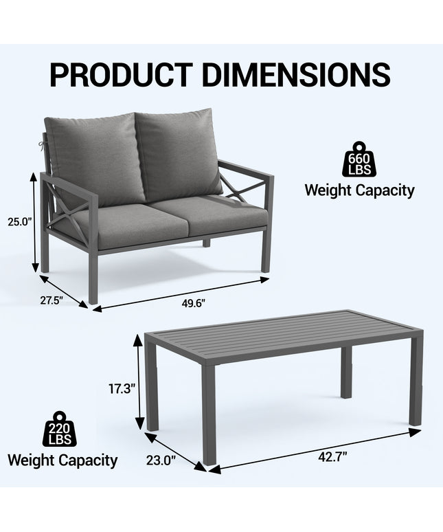 Jonpony 2-Piece All-Weather Metal Patio Furniture Set, Cushioned Loveseat 2 Seats Sofa Bench w/Coffee Table, Heavy Duty Steel Frame & Washable Cushions for Backyard Garden (Grey)