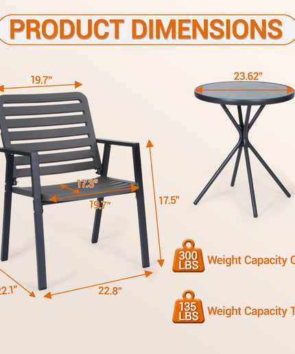 Jonpony 3 Pieces Bistro Table and Chairs, Waterproof Patio Furniture Set, All-Weather Outdoor Table and Chairs, Balcony Furniture for Porch, Yard, Garden, Grey
