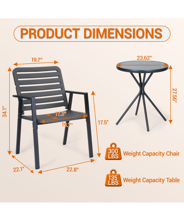 Jonpony 3 Pieces Bistro Table and Chairs, Waterproof Patio Furniture Set, All-Weather Outdoor Table and Chairs, Balcony Furniture for Porch, Yard, Garden, Grey