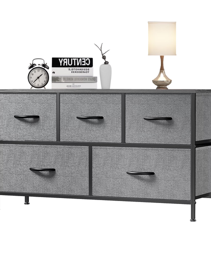 JONPONY 5 Drawer Dresser, Wide Chest of Drawers Nightstand Storage Tower Storage Fabric Dresser with Wood Top for Living Room, Bedroom, Hallway,Black