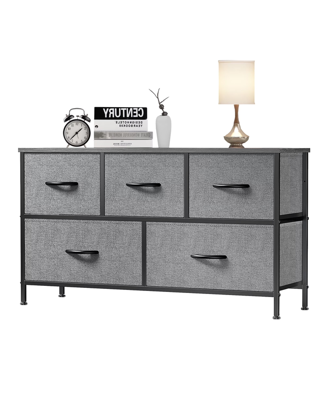 JONPONY 5 Drawer Dresser, Wide Chest of Drawers Nightstand Storage Tower Storage Fabric Dresser with Wood Top for Living Room, Bedroom, Hallway,Black
