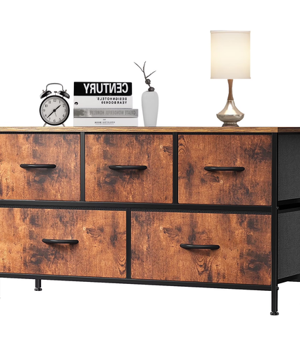 JONPONY 5 Drawer Dresser, Wide Chest of Drawers Nightstand Storage Tower Storage Fabric Dresser with Wood Top for Living Room, Bedroom, Hallway,Black