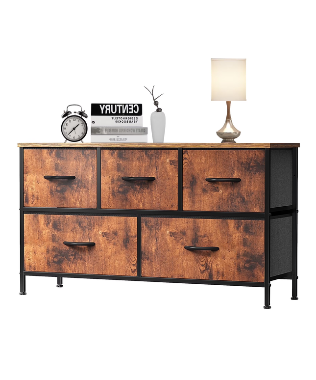 JONPONY 5 Drawer Dresser, Wide Chest of Drawers Nightstand Storage Tower Storage Fabric Dresser with Wood Top for Living Room, Bedroom, Hallway,Black