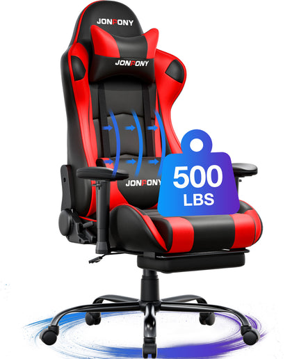 JONPONY Big and Tall 500LBS Gaming Chair, Ergonomic Design, Gamer Chair PU Leather with Footrest and Lumbar Support, High Back Office Chair Support 8 Hours Long Sitting,Red Computer Chair,Red