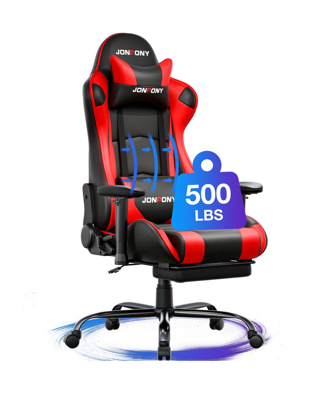 JONPONY Big and Tall 500LBS Gaming Chair, Ergonomic Design, Gamer Chair PU Leather with Footrest and Lumbar Support, High Back Office Chair Support 8 Hours Long Sitting,Red Computer Chair,Red
