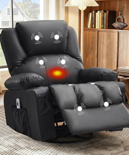 JONPONY Manual Recliner Chair with Heat Therapy and Massage Function, Heavy Duty Reclining Mechanism Massage Chair, Elderly Single Rocker Sofa with Cup Holders for Bedroom Home Theater,Black