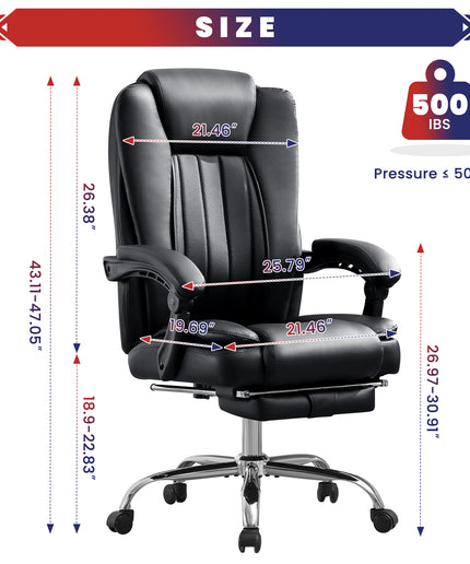 JONPONY Big and Tall Office Chair 500LBS Executive Office Chair Massage and Footrest Ergonomic Computer Desk Chair Reclining High Back Leather Office Chair Lumbar Back Support Swivel Rolling,Black