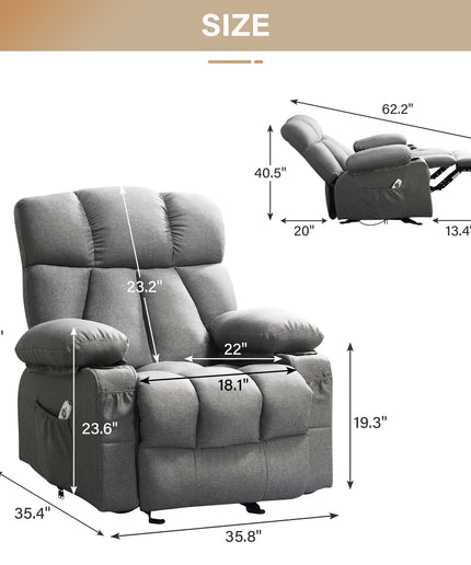 JONPONY Manual Recliner Chair with Heat Therapy and Massage Function, Heavy Duty Reclining Mechanism Massage Chair, Elderly Single Rocker Sofa with Cup Holders for Bedroom Home Theater,Grey