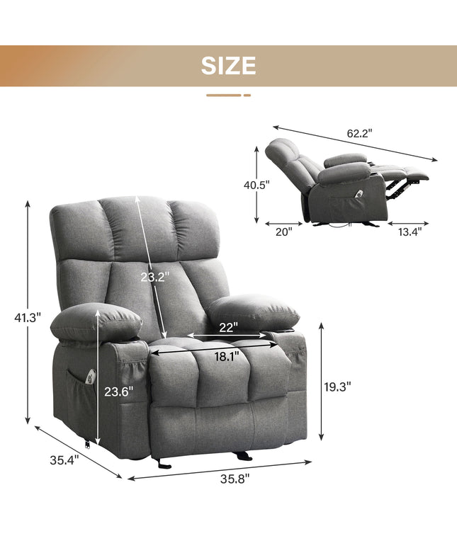 JONPONY Manual Recliner Chair with Heat Therapy and Massage Function, Heavy Duty Reclining Mechanism Massage Chair, Elderly Single Rocker Sofa with Cup Holders for Bedroom Home Theater,Grey