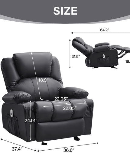JONPONY Manual Recliner Chair with Heat Therapy and Massage Function, Heavy Duty Reclining Mechanism Massage Chair, Elderly Single Rocker Sofa with Cup Holders for Bedroom Home Theater,Black