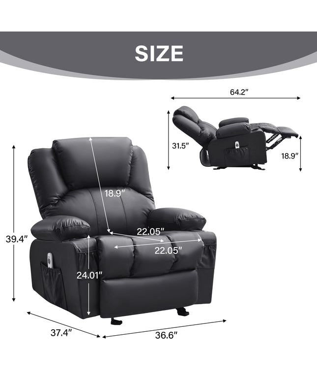JONPONY Massage Swivel Rocker Recliner Chair with Vibration Massage and Heat Ergonomic Lounge Chair for Living Room with Rocking Function and Side Pocket, 2 Cup Holders, USB Charge Port,Black