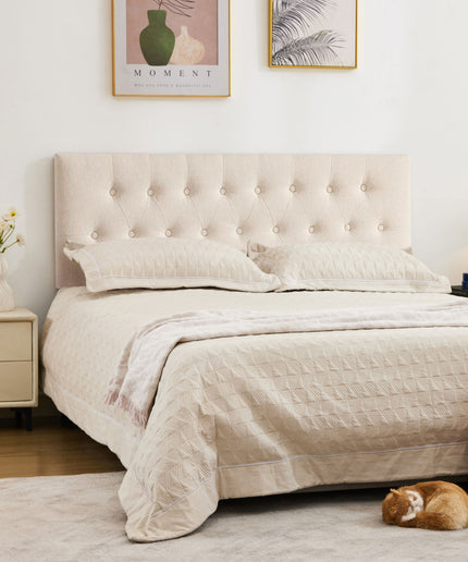 JONPONY Tufted Upholstered Headboard Queen Size, Solid Wood Head Board with Adjustable Height Headboard from 37" to 51",Bed Frame Adapters,Beige,Headboard Only