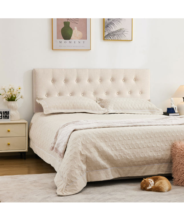 JONPONY Tufted Upholstered Headboard Queen Size, Solid Wood Head Board with Adjustable Height Headboard from 37" to 51",Bed Frame Adapters,Beige,Headboard Only