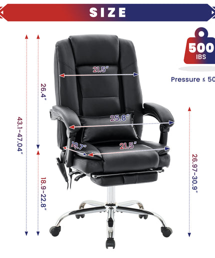 JONPONY Big and Tall Office Chair 500LBS Executive Office Chair Massage and Footrest Ergonomic Computer Desk Chair Reclining High Back Leather Office Chair Lumbar Back Support Swivel Rolling,Black