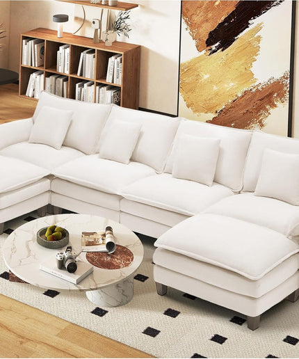 Jonpony Modular Sectional Sofa, Comfy Cloud Couch with Movable Ottoman, Deep Seat Couches for Living Room, Bedroom and Apartment, 106" U Shaped Modern Sofa with Pillows, Beige